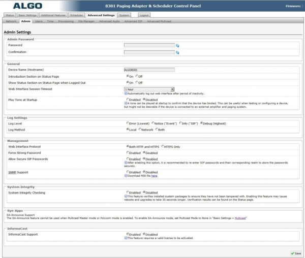 ALGO 8301 control panel