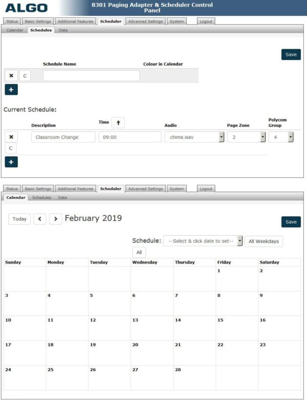 ALGO 8301 schedule control panel